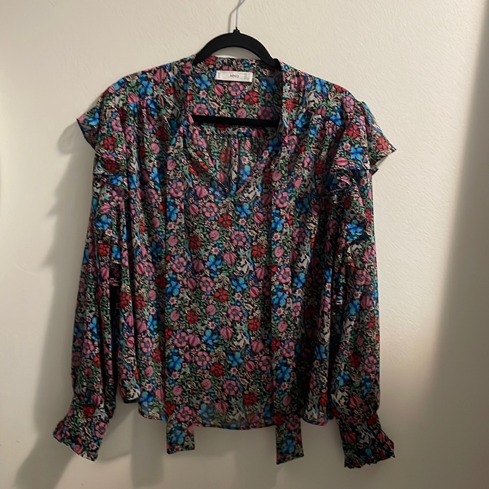 Mango pink blue green floral 70s ruffle blouse 6